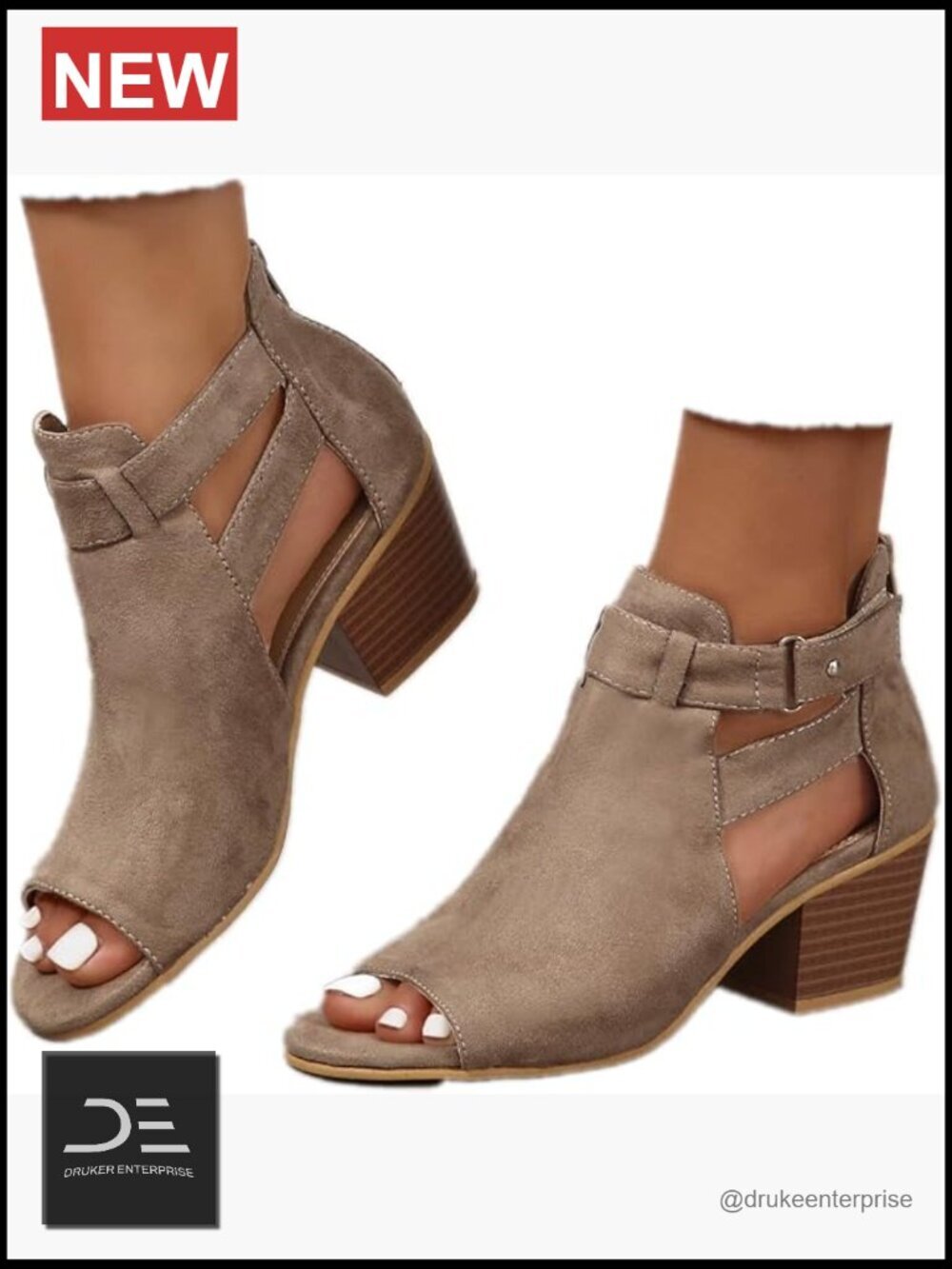 Womens Peep Toe Ankle Booties Chunky Heels Faux Suede Block Heel Zip Sandals